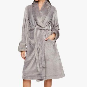 Gray Lightweight Robe with Faux Fur Collar and Cuffs